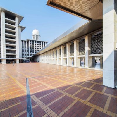 JAKARTA - Indonesia. April 12, 2018: Beautiful architecture of dome of Istiqlal mosque under blue sky